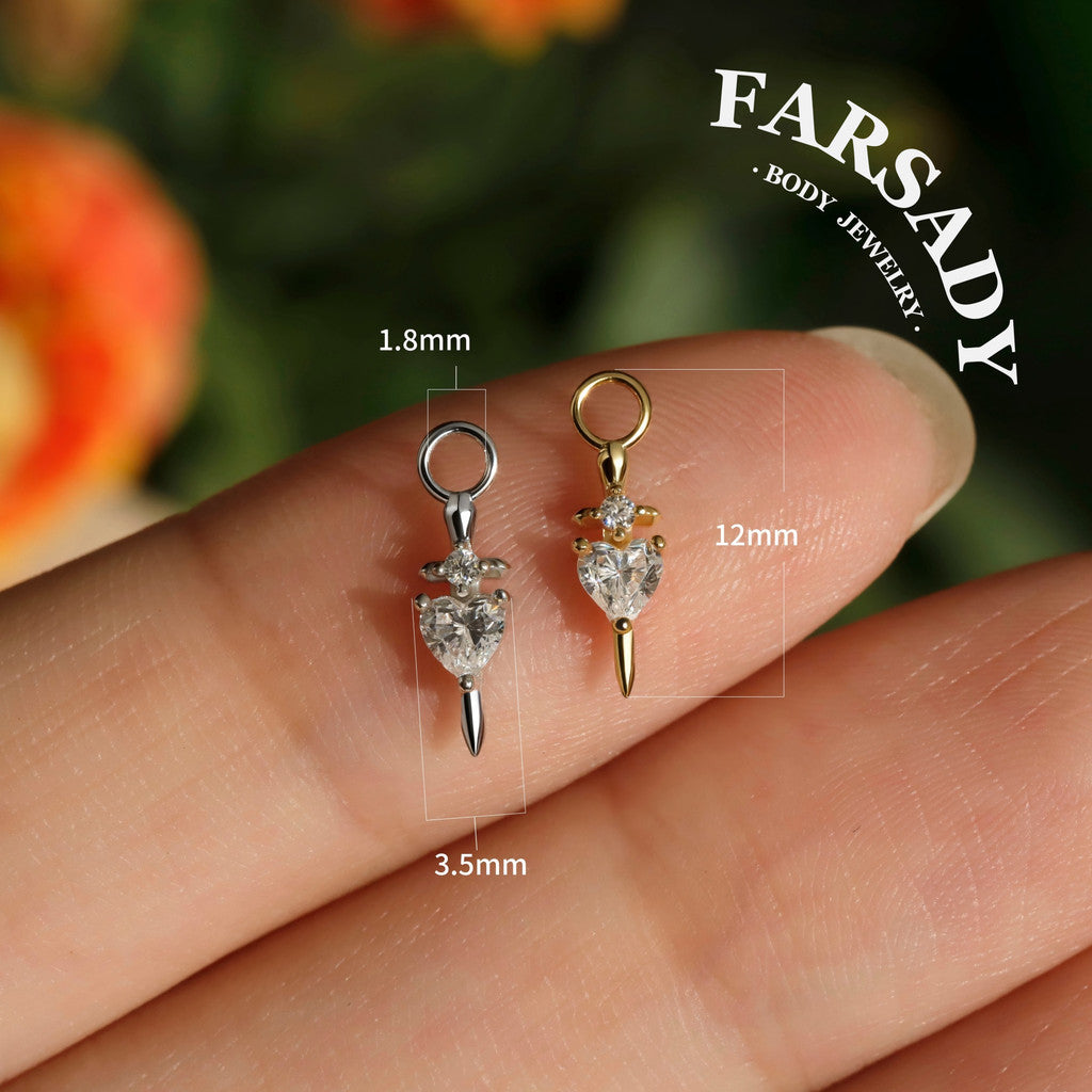 Pierced Heart Blade - 925 Silver Heart CZ Heart Dangle Charm / Interchangeable Hoop Earring Pendant for Helix Daith Cartilage Piercing