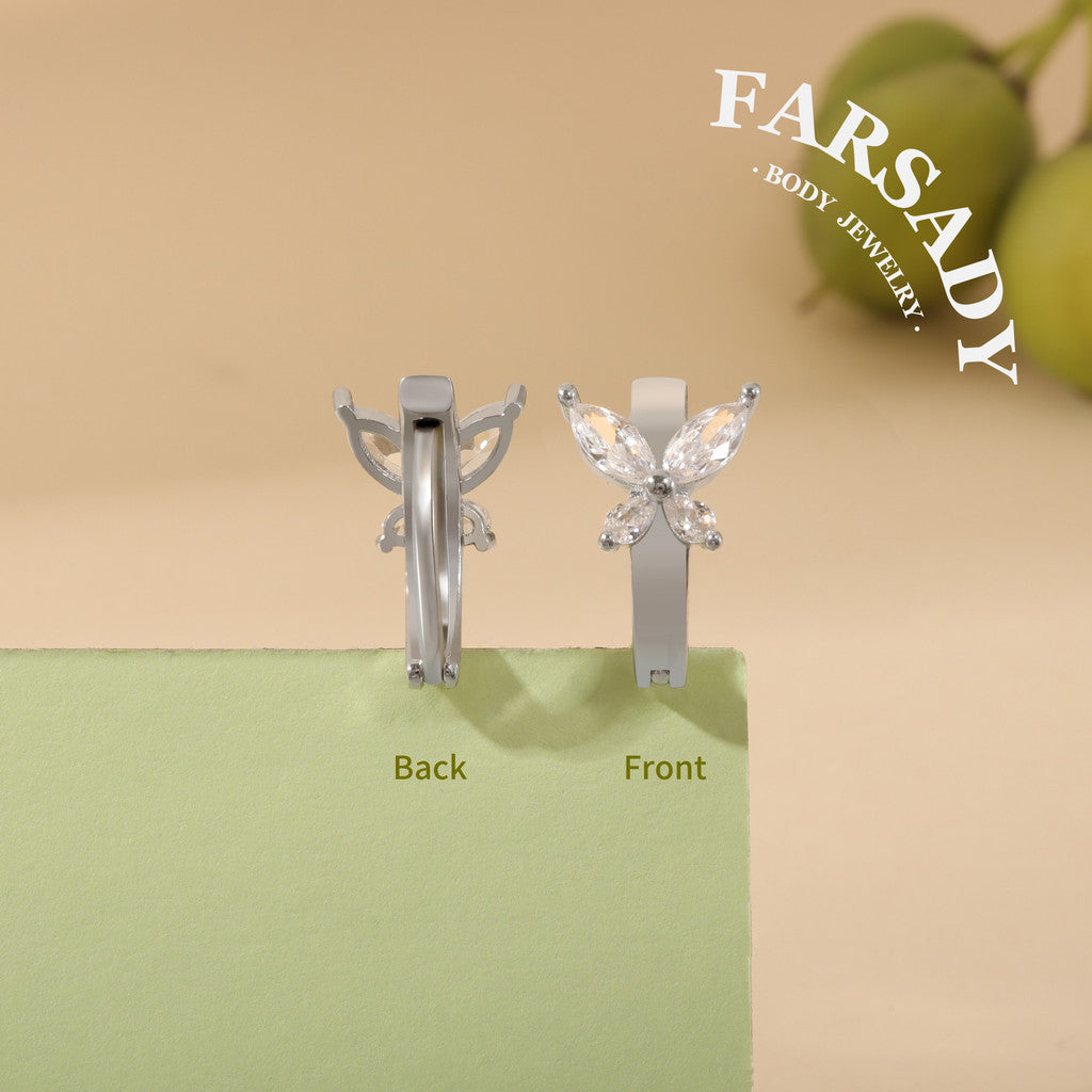 Four-Leaf Butterfly - 925 Silver Clear CZ Belly Button Ring / Fits 14G Navel Piercing