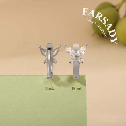 Four-Leaf Butterfly - 925 Silver Clear CZ Belly Button Ring / Fits 14G Navel Piercing
