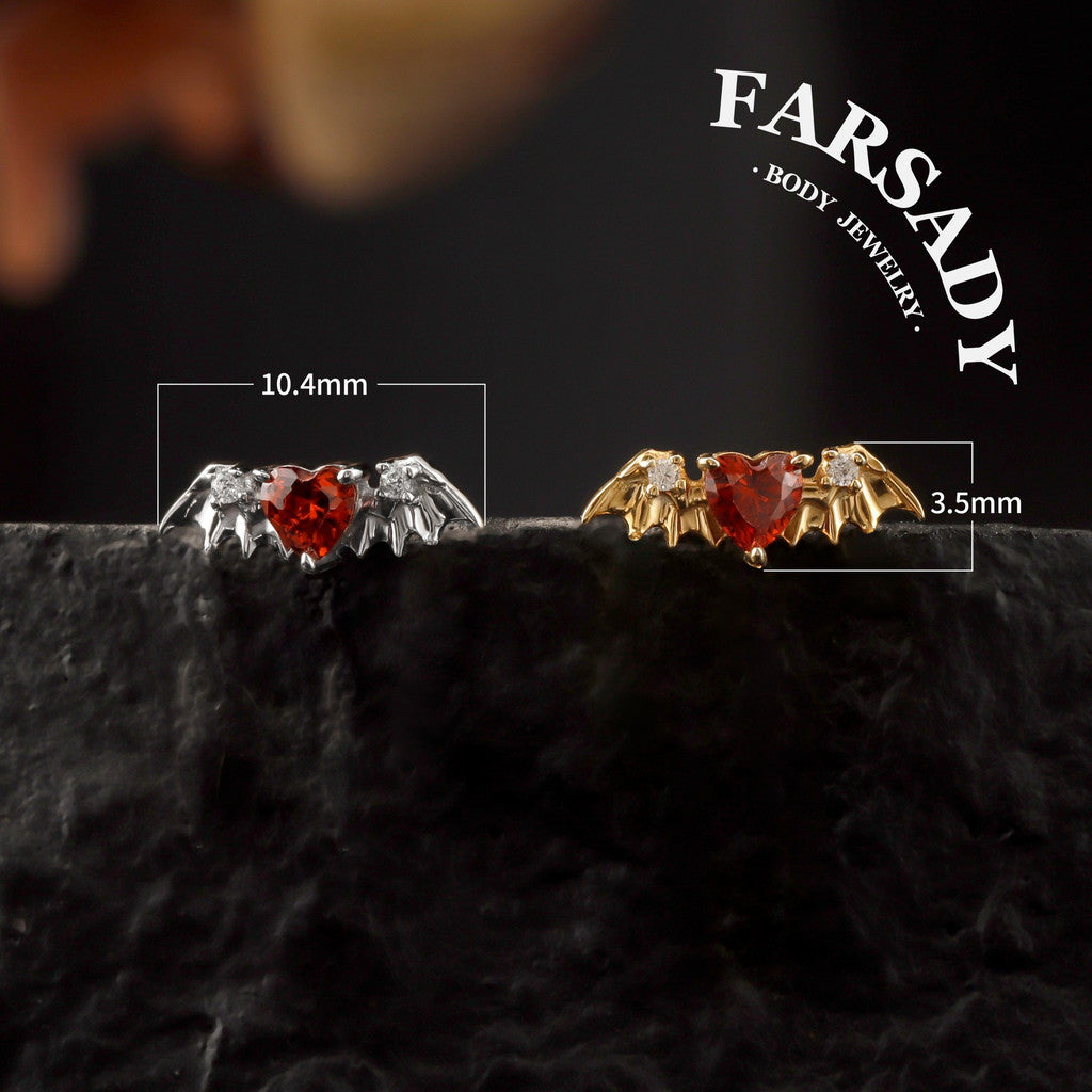 Crimson Heartwing - 925 Silver Threadless Stud / Fits Cartilage Helix Tragus Lobe Earring