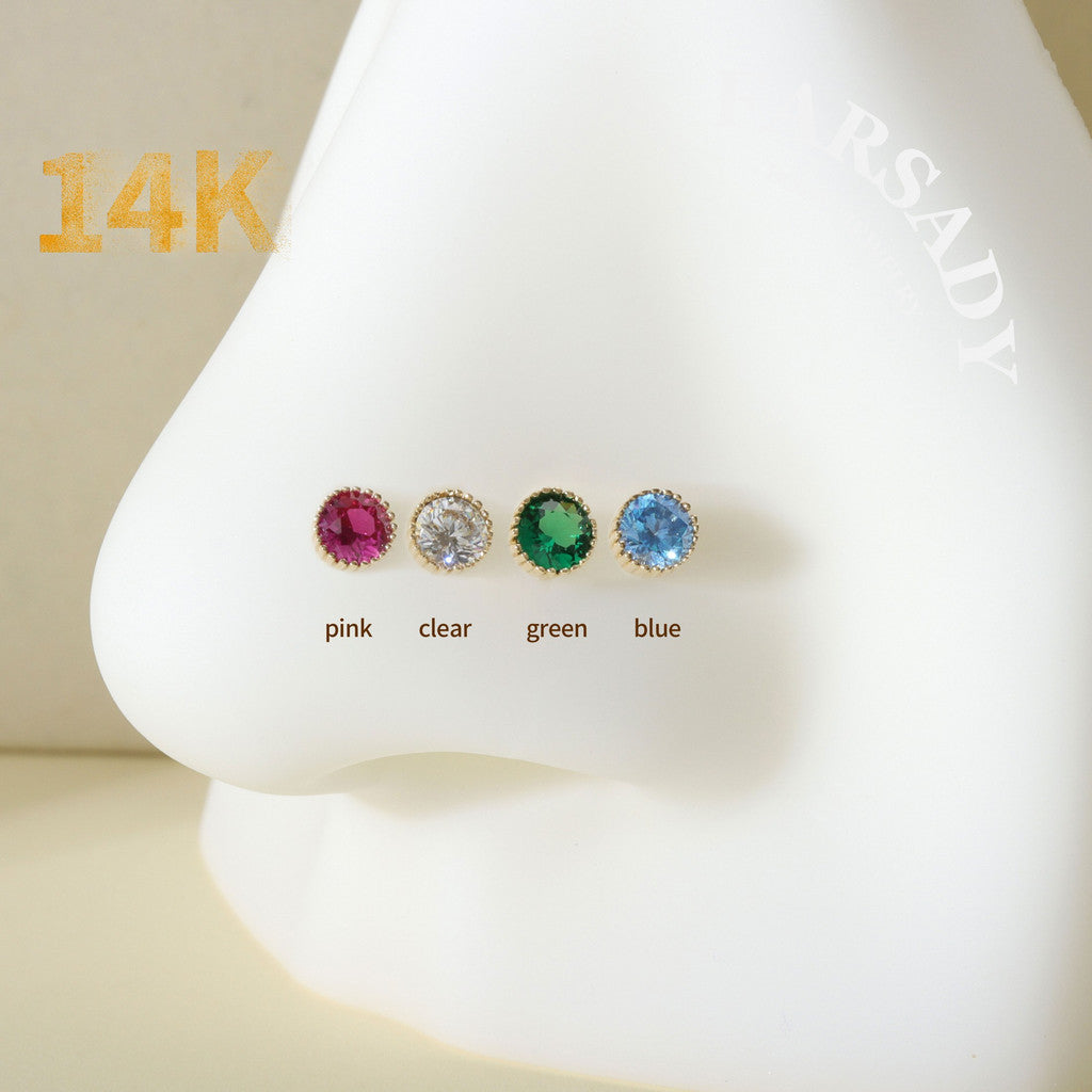 Multi-Color CZ - Solid 14K Gold L-Shape Stud / Fit 20G Nostril Piercing