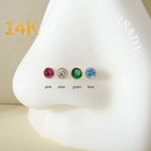 Multi-Color CZ - Solid 14K Gold L-Shape Stud / Fit 20G Nostril Piercing