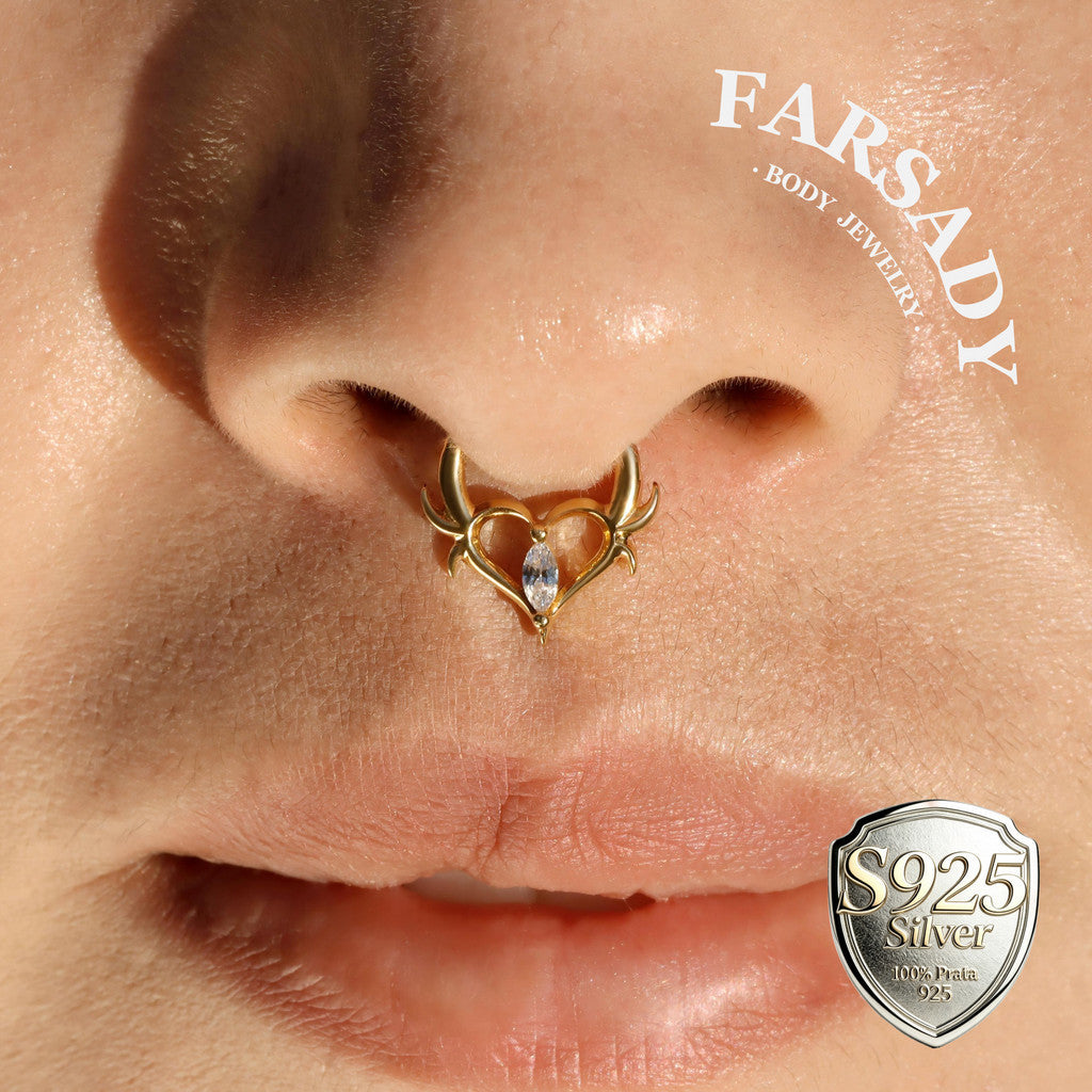 16G Thorn Heart CZ Clicker Daith Earring: Sterling Silver Plated 18K Gold, Alt Fashion Septum Ring, Sharp Spike Helix Tragus Hoop Jewelry