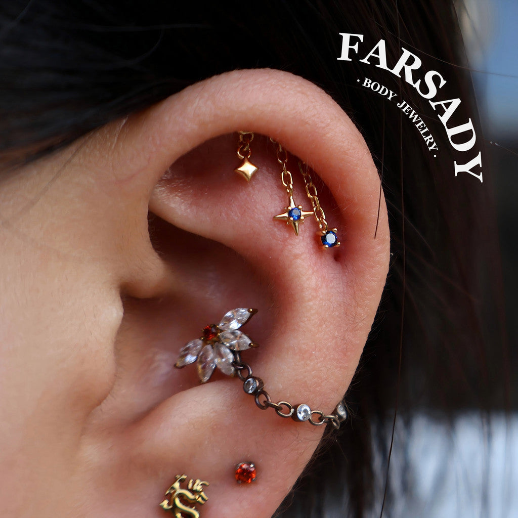 Solid 925 Sterling Silver Helix Chain Earring, 18K Gold Plated Blue CZ Star Dangle, Threadless Push In Hidden Rook Stud Piercing Jewelry
