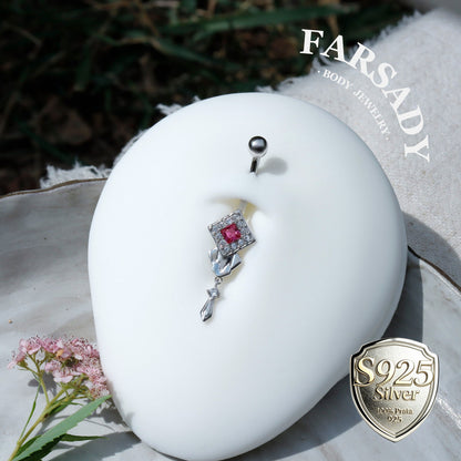 14G Belly Button Ring – 925 Silver 18K Gold Plated| Pink CZ Amulet Belly Ring Dangle Bar| Hypoallergenic Navel Piercing Jewelry| Waterproof