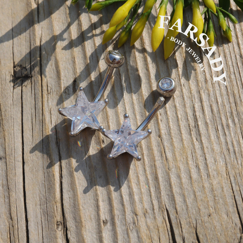 14G S925 Sterling Silver Star Clear CZ Belly Button Ring 6mm 8mm 10mm Navel Piercing Jewelry Easy Insert Non Healed Piercing Friendly Daily Wear Gift for Women