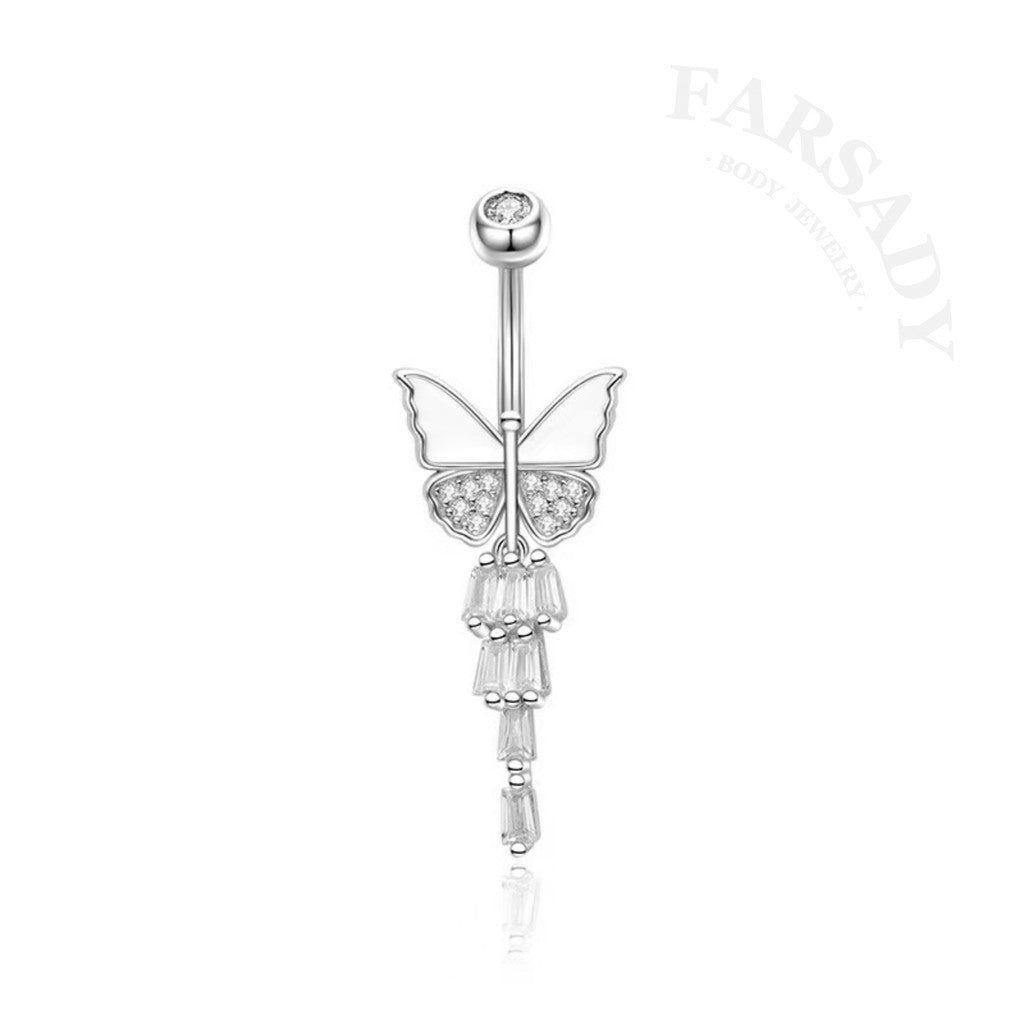14G Sterling Silver White Butterfly Belly Button Ring | S925 Navel Piercing Jewelry | 5A Cubic Zirconia Dangle Navel Ring | Elegant Daily Wear Piercing Jewelry with Gift Box