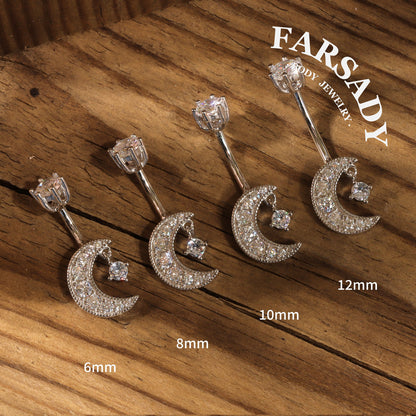 Lunar Whisper - 925 Silver Clear CZ Belly Button Ring / Fits 14G Navel Piercing