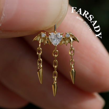 Bat Wing Heart - 925 Silver Threadless Stud / Fits Vertical Helix Hidden Rook Earring