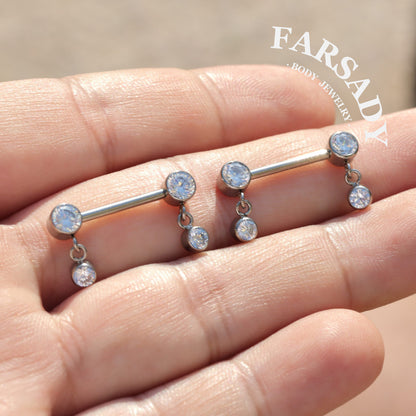 Tassel Crystal - 2PCS F136 Titanium Internally Threaded Straight Barbell / Fits 16G Chest Piercing Nose Bridge