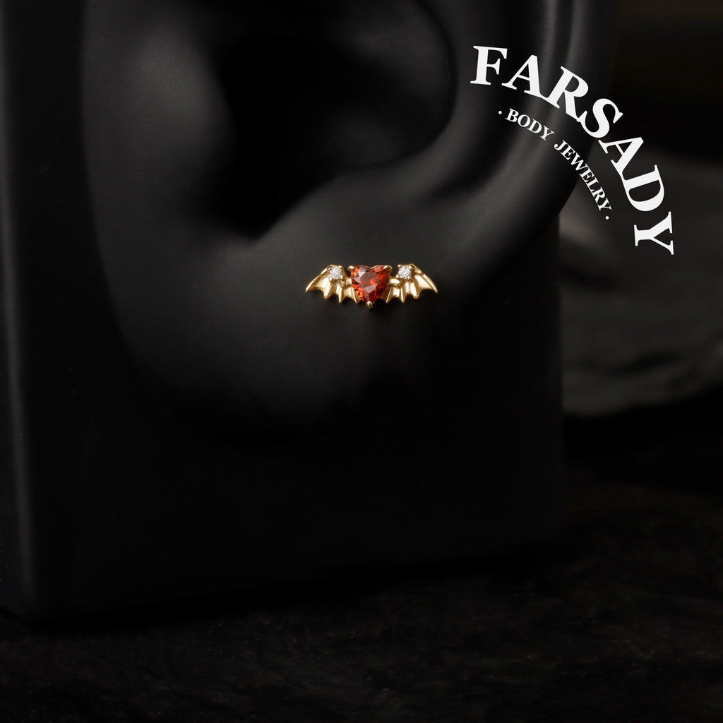 Crimson Heartwing - 925 Silver Threadless Stud / Fits Cartilage Helix Tragus Lobe Earring