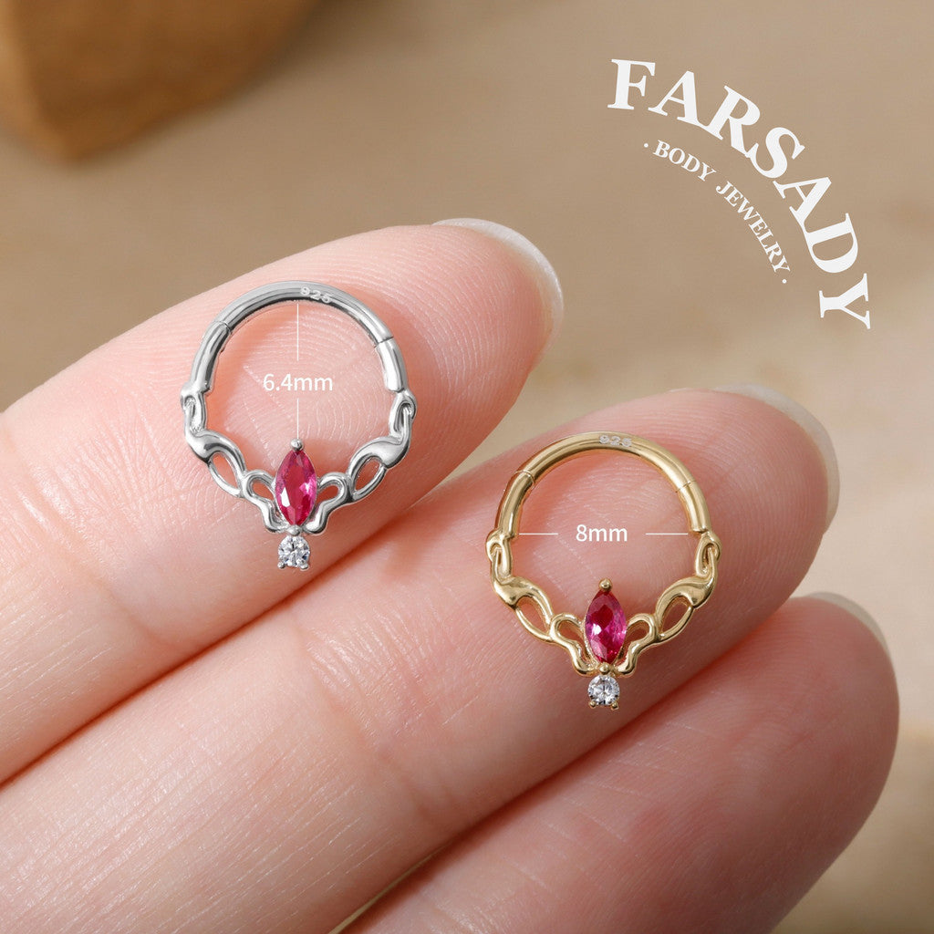 16G Sterling Silver Butterfly Hinged Daith Hoop Earring, Sterling Silver Daith Jewelry, Ruby Daith Hoop Earring, 8mm Cartilage Hoop, Gold Helix| Tragus Hoop
