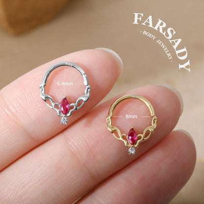 16G Sterling Silver Butterfly Hinged Daith Hoop Earring, Sterling Silver Daith Jewelry, Ruby Daith Hoop Earring, 8mm Cartilage Hoop, Gold Helix| Tragus Hoop