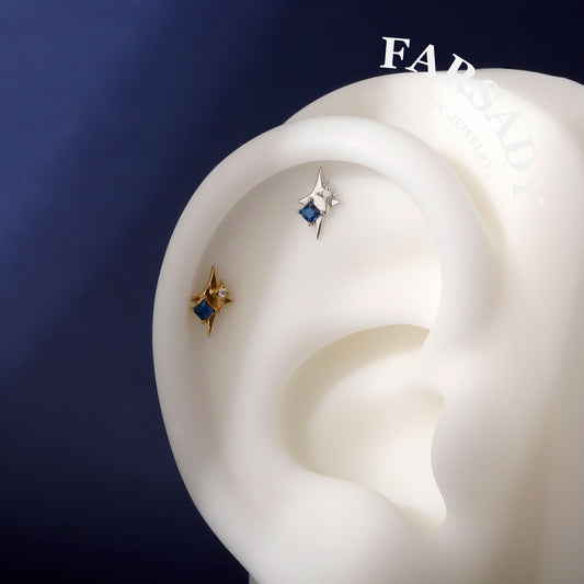 North Star Threadless Push In Helix Stud Earring| 18K Gold Plated Sterling Silver Flat Back Labret| Tragus Helix Conch Stud, Nose Stud Red