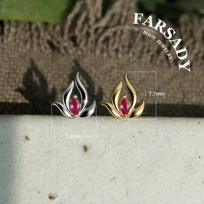 Pink Lotus Threadless Push In Helix Stud, Sterling Silver Cartilage Stud, Flat Back Titanium Post, Design Flower Tragus/ Lobe/ Lip Earring