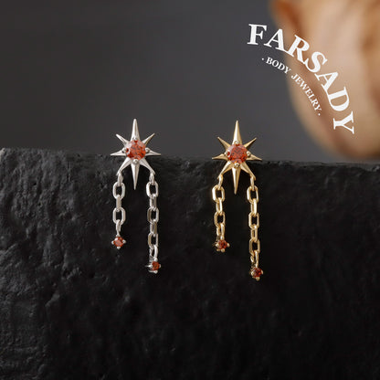 Red Celestial Star Threadless Labret Stud• 925 Silver & F136 Titanium Piercing• Starburst with Dangle Chains• Flat Back Earring for Helix