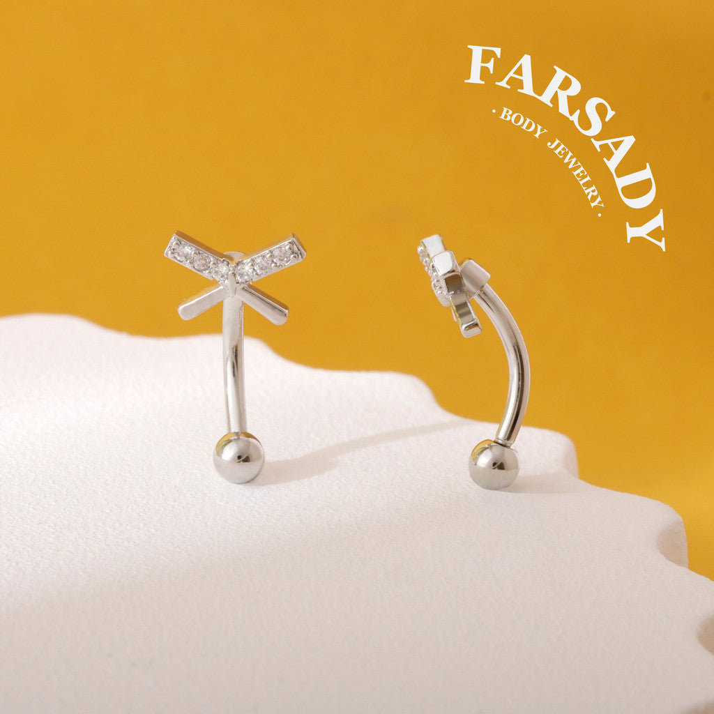 Cross Star Trace - 316L Clear CZ Curved Barbell / Fits 16G Rook Daith Earring Lip Eyebrow Cartilage Piercing