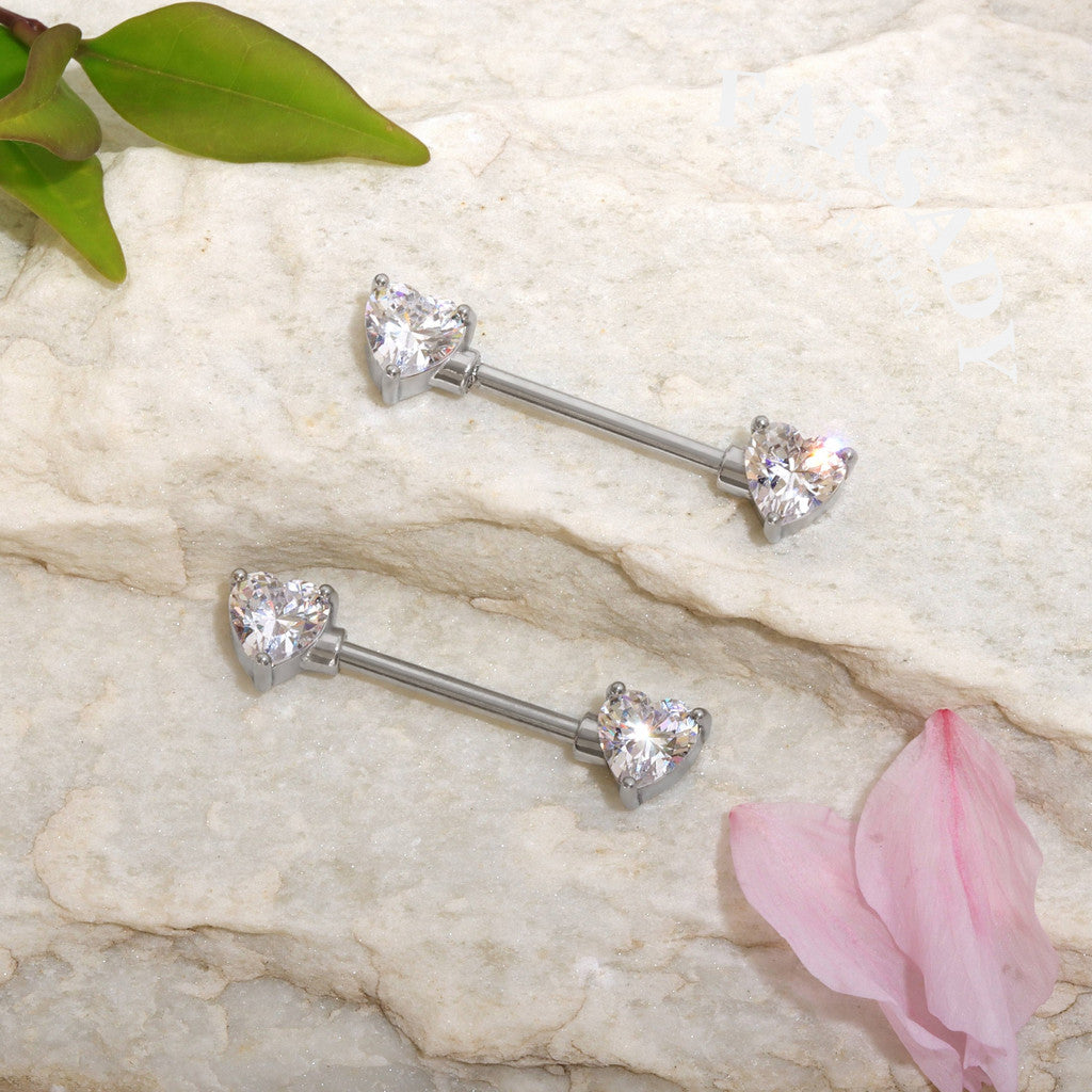 Prong Heart Crystal - 2PCS Clear CZ Straight Barbell / Fits 16G Chest Piercing Nose Bridge