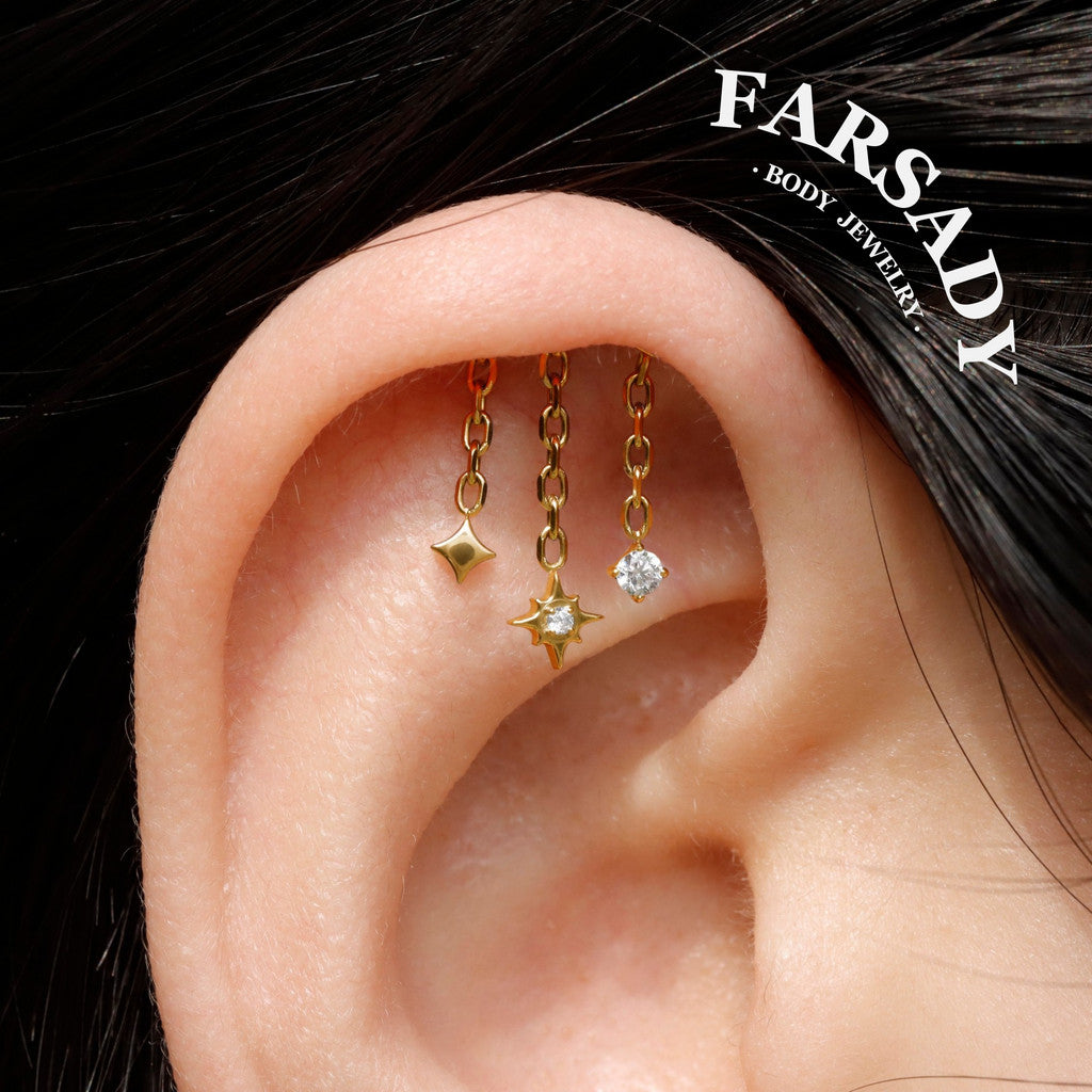 Stellar Trail - 316L Internally Threaded CZ Dangle Stud / Fits Cartilage Helix Tragus Lobe Piercing