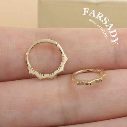 Floral Edge - Solid 14K Gold Hinged Clicker Hoop / Fits 16G Septum Ring Helix Conch Cartilage Earring