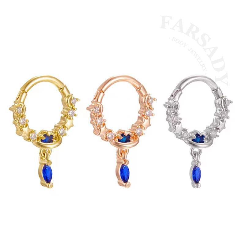 Star Tear - CZ Dangle Hinged Clicker Hoop / Fits 16G Septum Ring Helix Conch Cartilage Earring