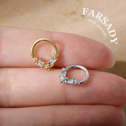 Clover Crest - 925 Silver Hinged Clicker Hoop / Fits 16G Septum Ring Helix Conch Daith Earring