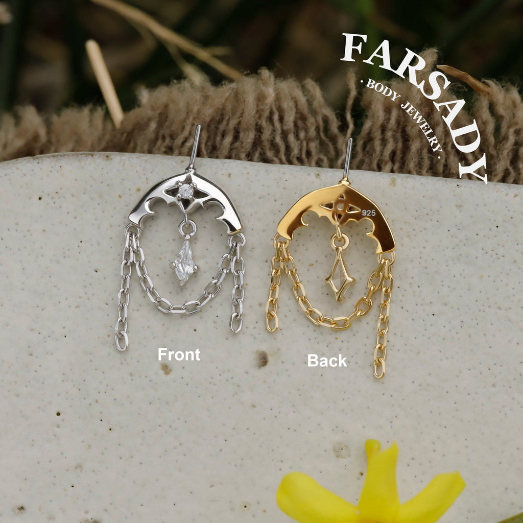 Crescent Tassel - 925 Silver Threadless Stud / Fits Vertical Helix Hidden Rook Earring