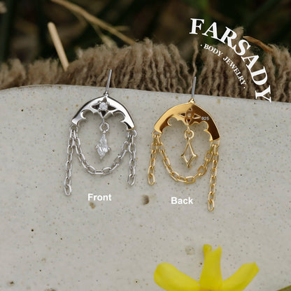 Crescent Tassel - 925 Silver Threadless Stud / Fits Vertical Helix Hidden Rook Earring