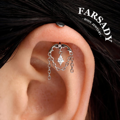 Crescent Tassel - 925 Silver Threadless Stud / Fits Vertical Helix Hidden Rook Earring