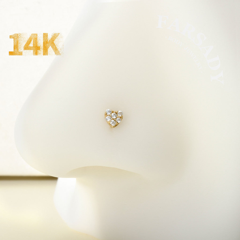 Minimal Heart & Bow CZ - Solid 14K Gold L-Shape Stud / Fit 20G Nostril Piercing