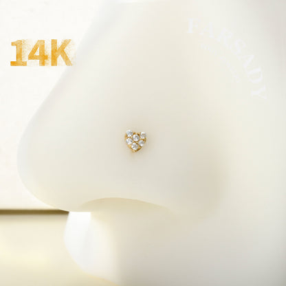 Minimal Heart & Bow CZ - Solid 14K Gold L-Shape Stud / Fit 20G Nostril Piercing