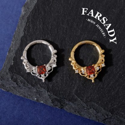 16G Red Gem Gothic Cathedral Daith Earring: 925 Silver Septum Ring Unique Design, Gold Helix Tragus Conch Lobe Clicker Hoop 18K Gold Plated