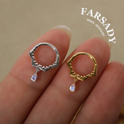 Sterling Silver Moonstone Dangle Flower Septum Ring/ 16G S925 Septum Piercing Jewelry/ 16G Daith Hoop Earring/8mm Helix Tragus Cartilage Hoop Earrings