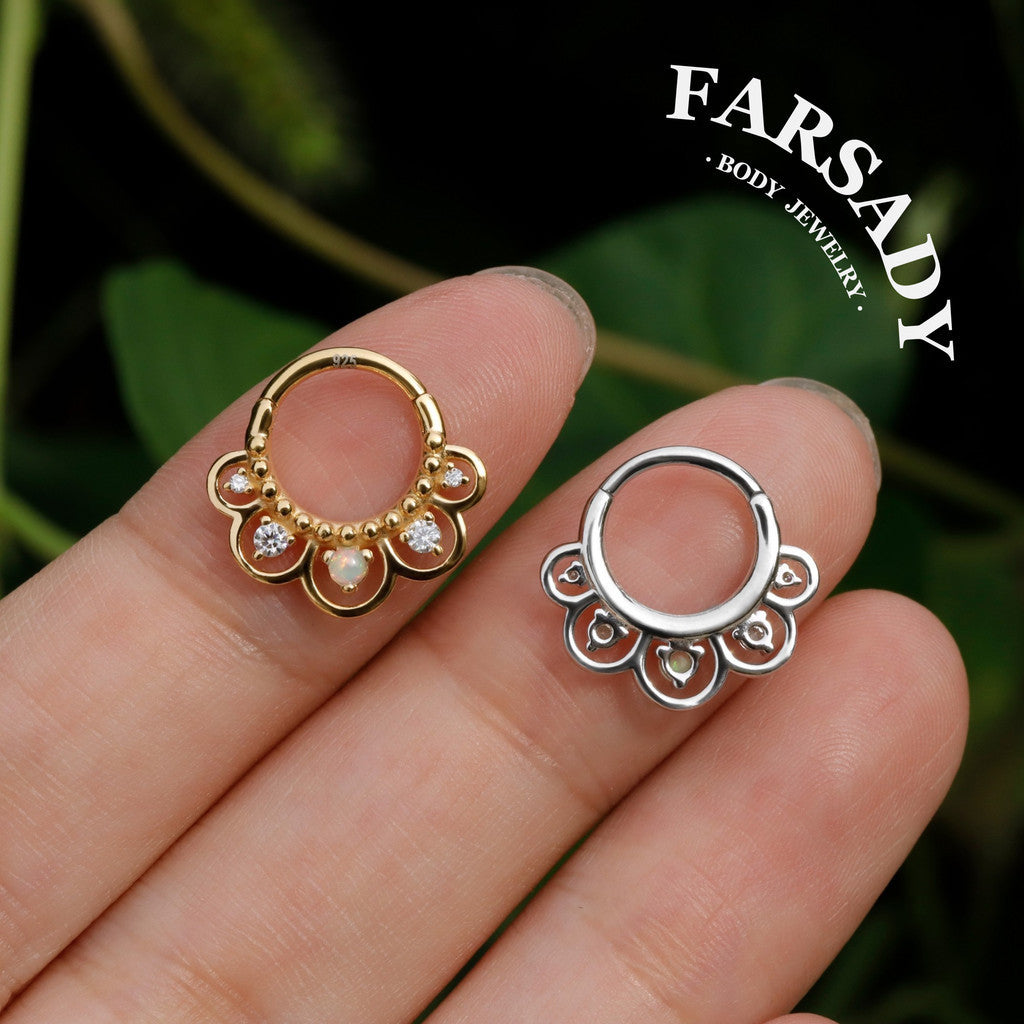 16G Nature Opal Flower Septum Ring,Real Opal Hinged Septum Clicker,925 Sterling Silver Plated 18k Gold,Gold Daith Earring Hoop,Helix Tragus Hoop