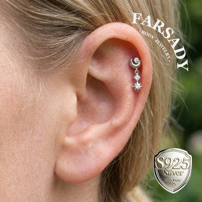 Luna Flare Dangle Threadless Push In Helix Stud, Sterling Silver Cartilage Stud, Flat Back Titanium Post, Design Satr Tragus/ Lobe Earring