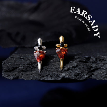 Sword Heart - Sterling Silver Push In Stud / Fits Cartilage Helix Tragus Lobe Earring  Nose Stud / Threadless Flat Back Piercing, Hypoallergenic Jewelry for Sensitive Skin