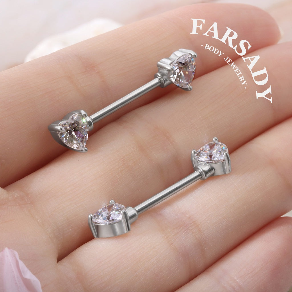 Prong Heart Crystal - 2PCS Clear CZ Straight Barbell / Fits 16G Chest Piercing Nose Bridge