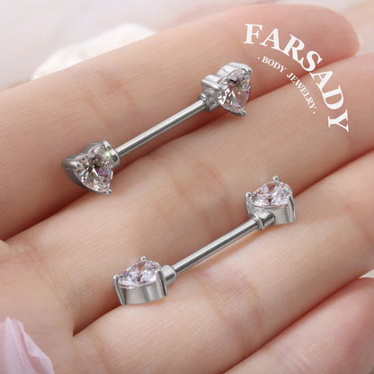 Prong Heart Crystal - 2PCS Clear CZ Straight Barbell / Fits 16G Chest Piercing Nose Bridge