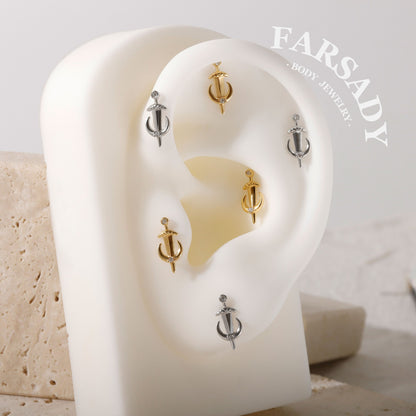 Moon Dagger - 925 Silver Threadless Stud / Fits Cartilage Helix Tragus Lobe Nostril Piercing