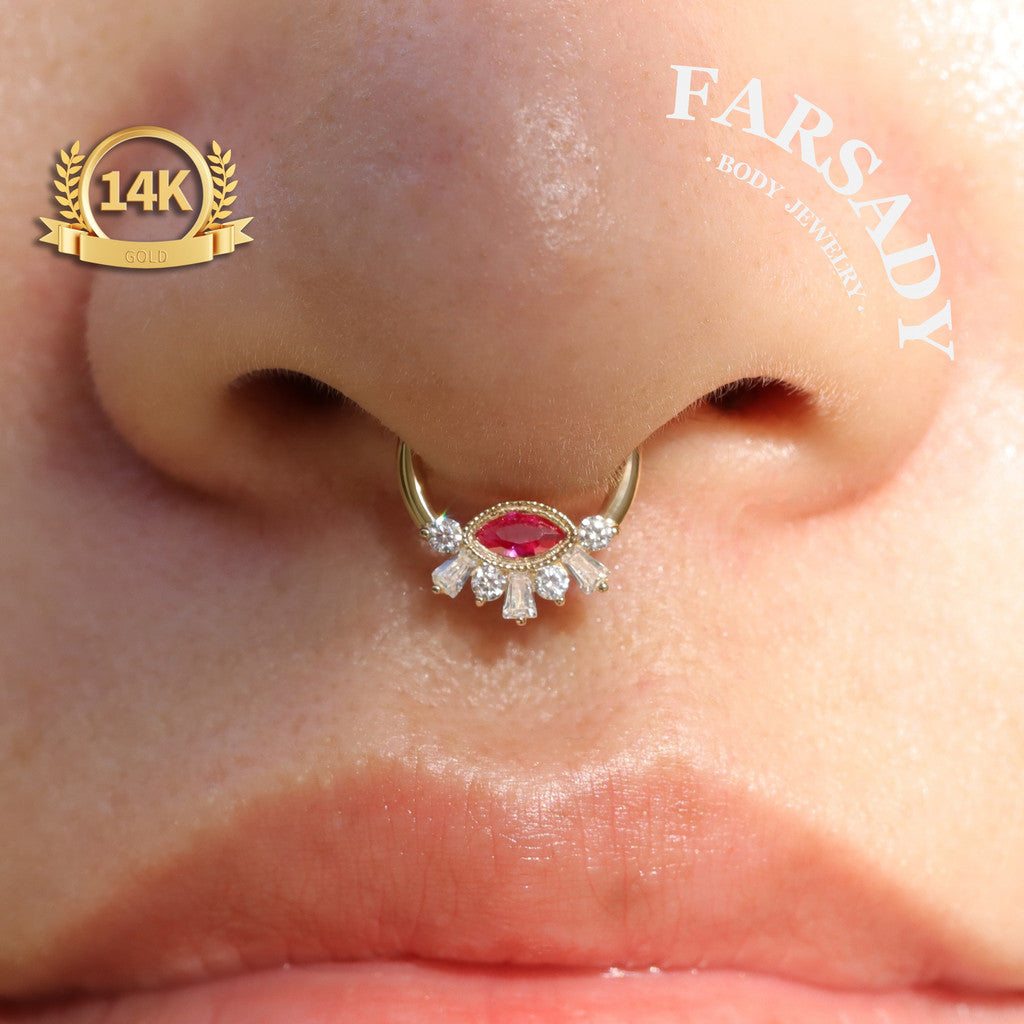 Crimson Iris - Solid 14K Gold Hinged Clicker Hoop / Fits 16G Septum Ring Helix Conch Cartilage Earring