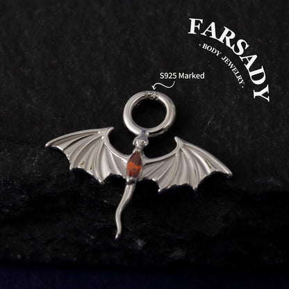 Amber Wing Sprite - 925 Sterling Silver Red CZ Dangle Charm / Interchangeable Hoop Earring Pendant for Helix Daith Cartilage Piercing