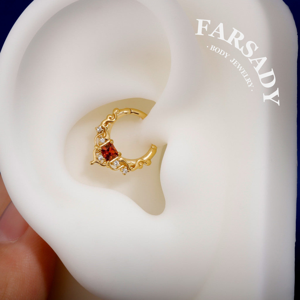 16G Red Gem Gothic Cathedral Daith Earring: 925 Silver Septum Ring Unique Design, Gold Helix Tragus Conch Lobe Clicker Hoop 18K Gold Plated