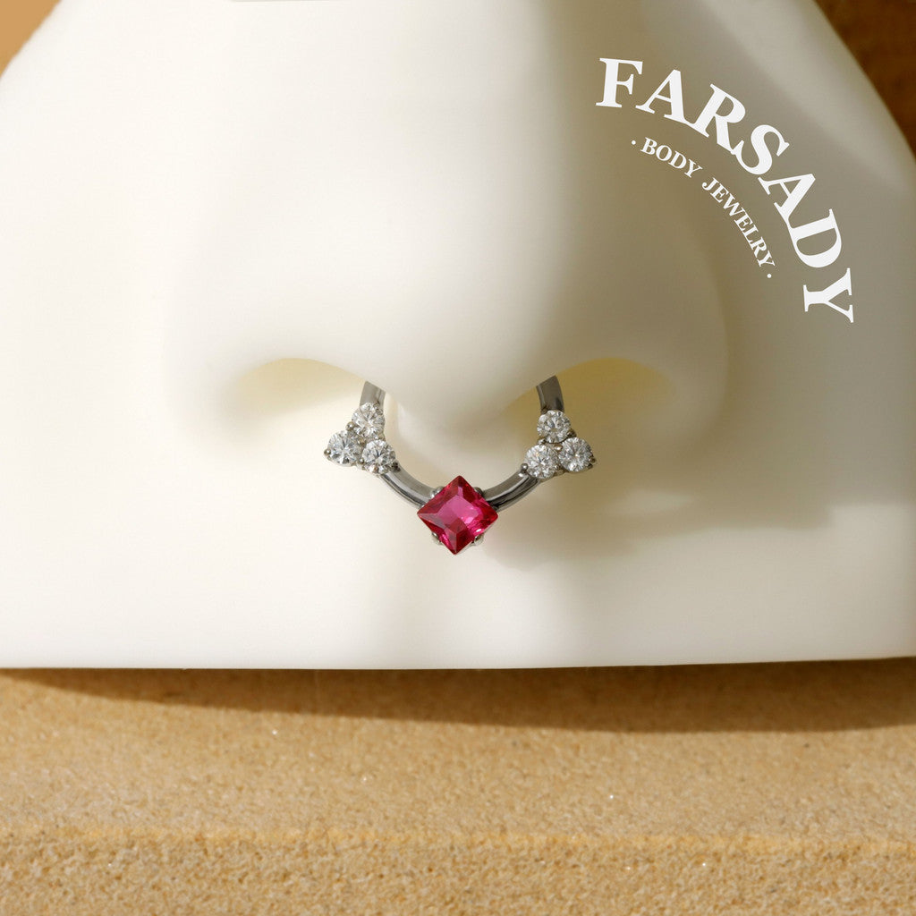 Titanium Septum Ring| 16G Hinged Septum Clicker| Pink Crystal Helix Earring| Silver Daith Piercing Jewelry| Shiny Septum Ring Daily