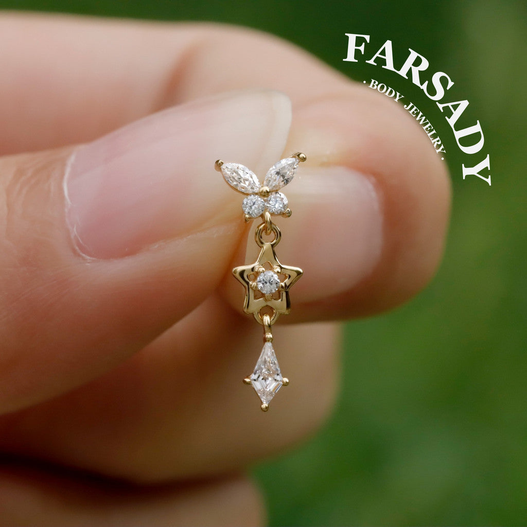 Sterling Silver Butterfly Dangle Cartilage Stud Earring • Threadless Push In Flat Helix Piercing Jewelry Flat  Back Earring Plated 18K Gold