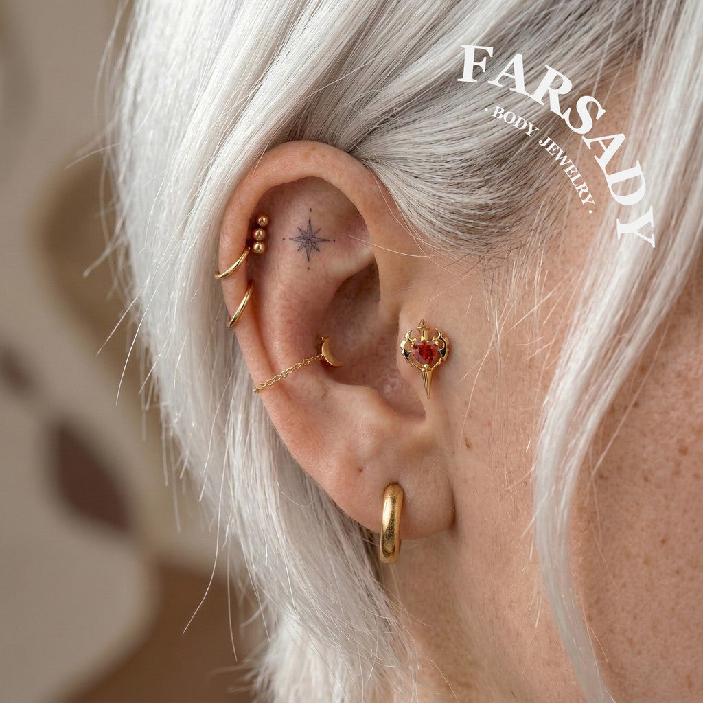 Sterling Silver Flame Red Heart Sword Threadless Helix Stud• 925 Silver & F136 Titanium Earrings• Romantic Gothic Jewelry•Flat Back Cartilage Tragus Jewelry