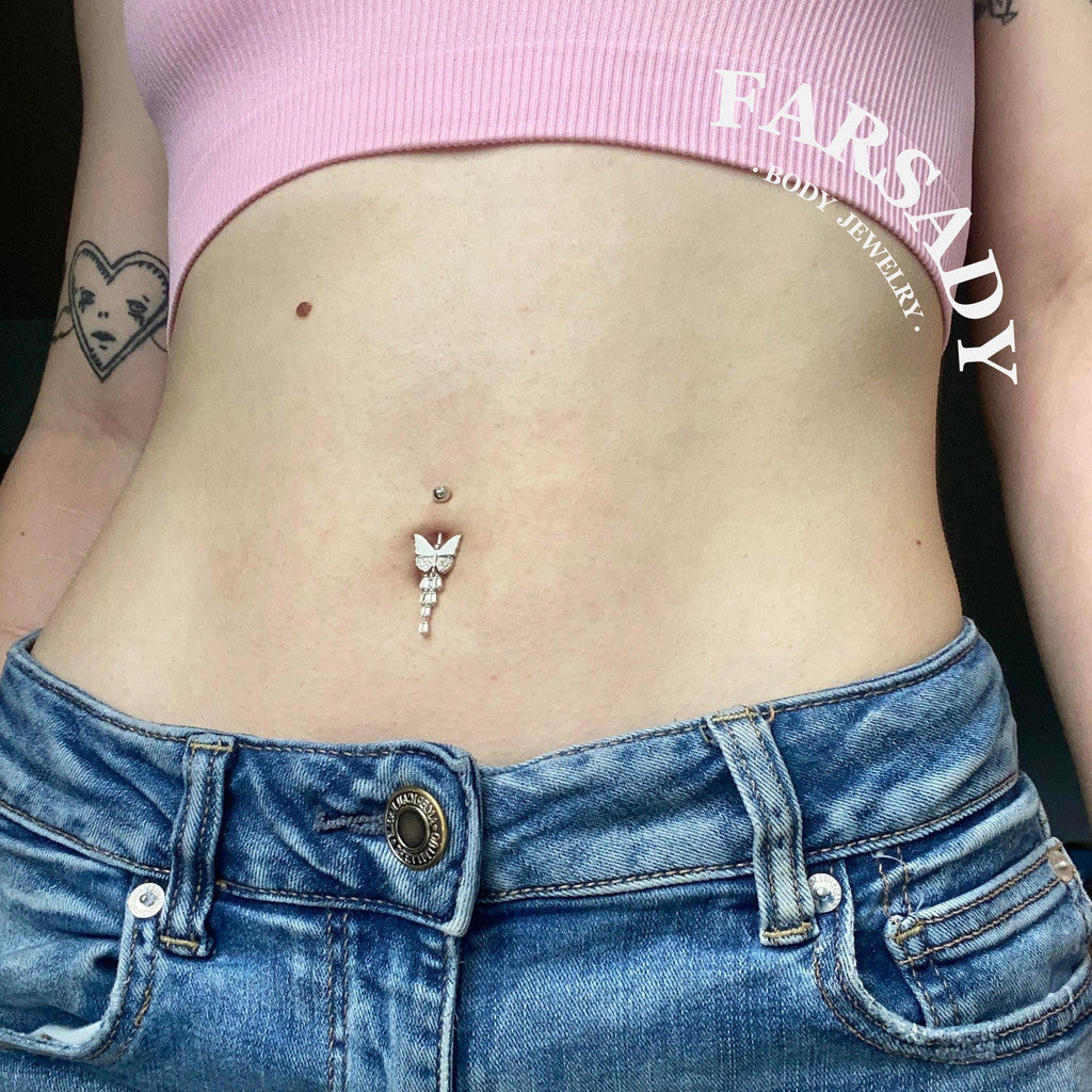 14G Sterling Silver White Butterfly Belly Button Ring | S925 Navel Piercing Jewelry | 5A Cubic Zirconia Dangle Navel Ring | Elegant Daily Wear Piercing Jewelry with Gift Box