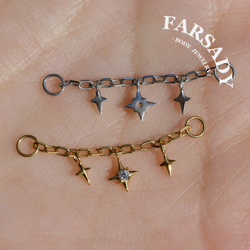 Star Dangle Earring Chain Sterling Silver/  Industrial Barbell Triple Stars Charm Chain/18K Gold Plated Helix Conch Lobe Nose Piercing Chain