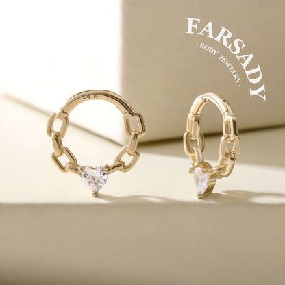 Chain Heartlock - Solid 14K Gold Hinged Clicker Hoop / Fits 16G Septum Ring Helix Conch Cartilage Earring