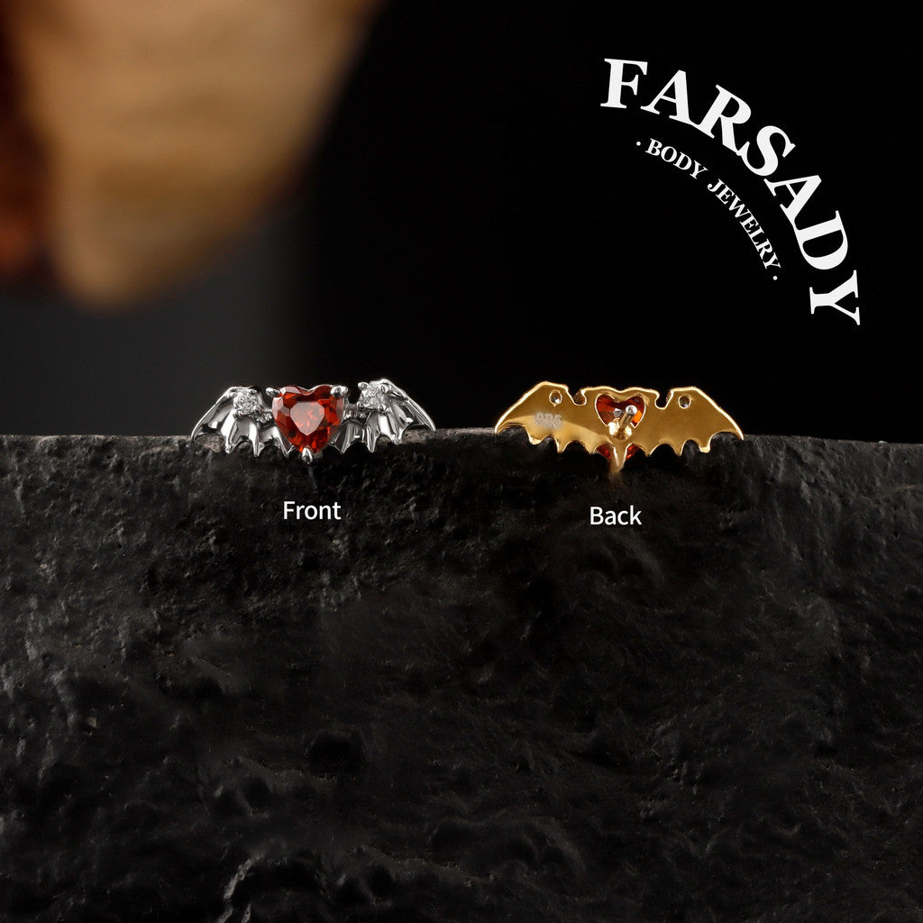 Crimson Heartwing - 925 Silver Threadless Stud / Fits Cartilage Helix Tragus Lobe Earring