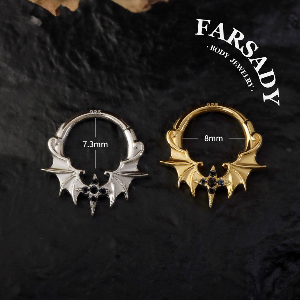 Obsidian Wing - 925 Silver CZ Hinged Clicker Hoop / Fits 16G Septum Ring Helix Conch Daith Earring